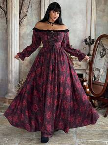 Lyrianda Plus Size Women's Autumn/Winter Off Shoulder Long Sleeve Ruffle Trim Bow Tie Waist A-Line Rose Print Elegant Vintage Cute Palace Style Romantic Maxi Dress