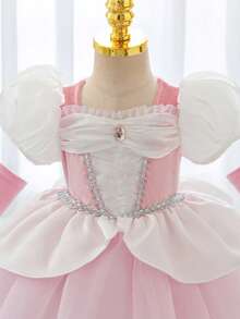 SHEIN Glamorique Kids 女婴公主薄纱连衣裙，粉色泡泡袖派对礼服，生日派对、婚礼、节日正式场合礼服，派对服装，生日派对婚礼节日正式礼服，粉色薄纱泡泡袖连衣裙，粉色薄纱水钻，中东、欧洲和美国 - 粉色 - 查看 5