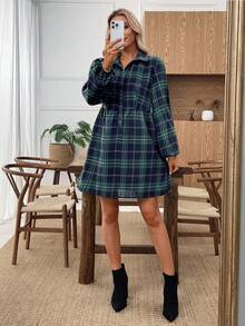 EMERY ROSE 女式常规肩长袖束腰前扣休闲迷你连衣裙 - 綠色 - 查看 3
