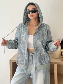 Dazy Plus Plus Size Leopard Print Hooded Zip-Up Long Sleeve Sweatshirt For Plus Size Women, Spring/Autumn Sweatshirts Hoodies - Grey - View 5