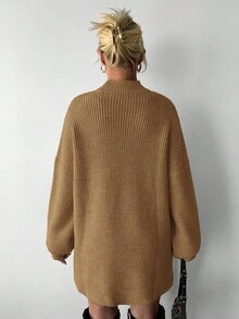 小高領落肩袖下擺開叉套頭毛衣 - 駝色 - 查看 2