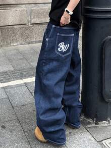 PAVTROS 男士休闲日常字母印花宽松阔腿牛仔裤 - 中等水洗藍 - 查看 6