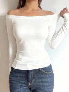 SHEIN BASICS Women's Casual Off Shoulder Long Sleeve Bodycon T-Shirt - White - View 4