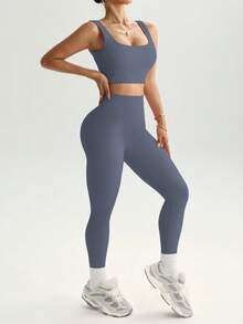 Slayform Bộ đồ tập yoga co giãn cao liền mạch 2 món Bộ đồ tập thể dục Áo ba lỗ có gân Quần bó kiểm soát bụng Bộ đồ tập luyện cho nữ - Bụi tím - Xem 7