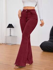 SHEIN Tall 女式休闲通勤简约纯色高腰修身喇叭牛仔裤 - 酒紅色 - 查看 7