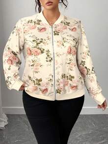 Elenzga Chaqueta de béisbol elegante con cremallera y estampado floral para mujer de talla grande - Albaricoque - Ver 4