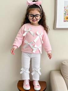 SHEIN 女婴幼儿新生儿 0-3 岁休闲日常搭配蝴蝶结装饰圆领长袖运动衫 + 罗纹针织裤套装，秋冬 - 粉色 - 查看 3