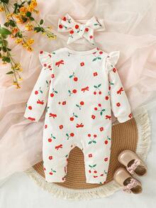 SHEIN 女婴休闲可爱樱桃印花针织连体衣，含发带 - 彩色 - 查看 2