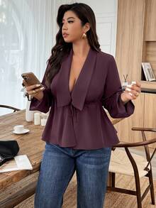 SHEIN LUNE Blusa elegante de manga larga con volantes y nudo en el bajo, de unicolor, talla grande - Granate - Ver 5