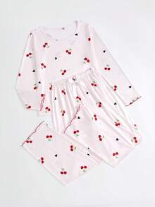 Manfinity Underwear&Sleepwear Basics 樱桃印花圆领长袖上衣和裤子舒适休闲女式睡衣套装秋冬服装 - 彩色 - 查看 7