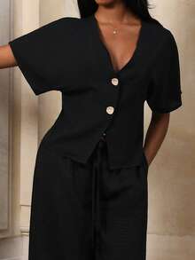 Mima John Elegante cardigan con maniche a campana e doppio petto, camicia casual semplice di colore bianco solido - nero - Visualizzare 4