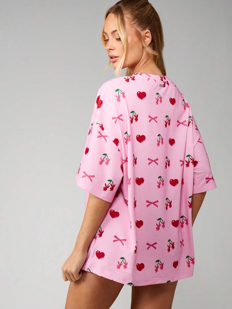 Missguided x Playboy Christmas Oversized Cherry Print Sleep Shirt With Bows