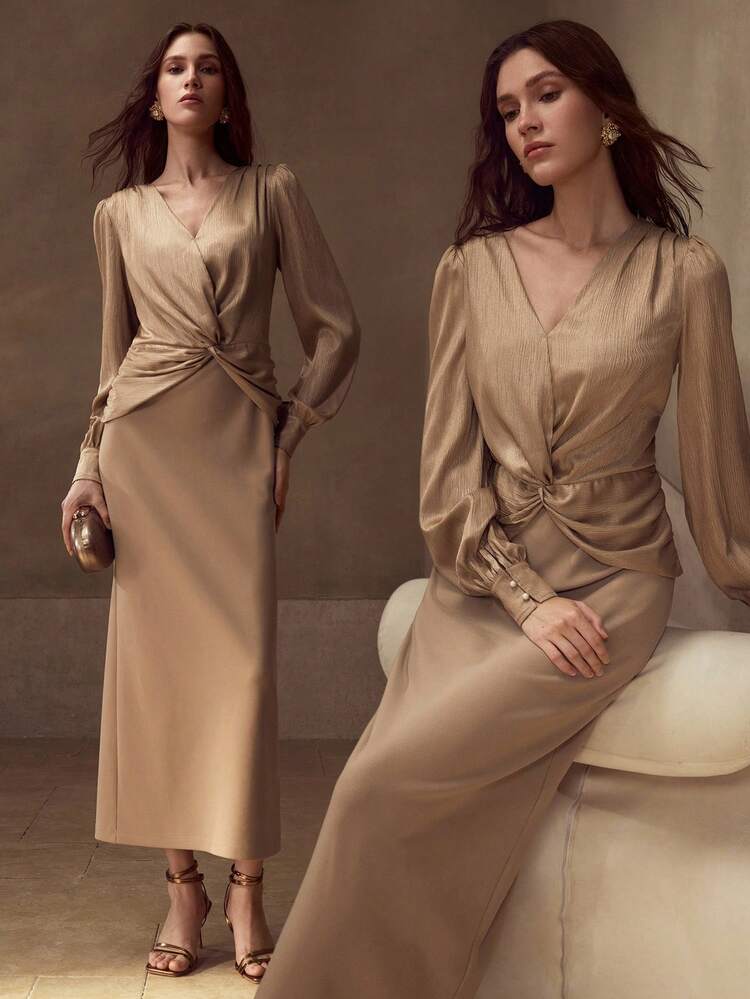 SURPLICE NECK LANTERN SLEEVE TWIST SLIM FIT DRESS