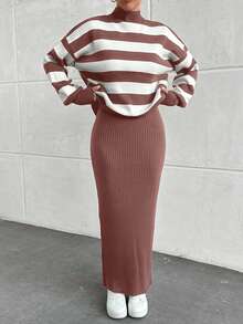 SHEIN Cottnline 2件套女士罗纹立领落肩毛衣和罗纹针织连衣裙 - 乾枯玫瑰色 - 查看 5