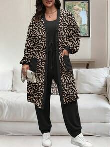 Vionelle 大码女式优雅豹纹长袖上衣和无袖连体裤两件套，秋冬 - 彩色 - 查看 7