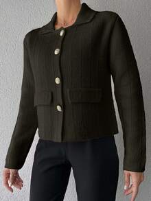 EURMUSE Women's Solid Color Front Button Closure Elegant Office Wear Long Sleeve Cardigan,Petite Cardigans,Cardigans - Army Green - View 3