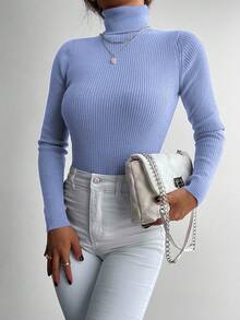 EURMUSE Damski sweter typu pullover, prosty, jednokolorowy, na co dzień, z wysokim kołnierzem i długim rękawem, dopasowany, jesień/zima