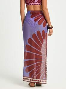 CAJUNI 女士夏季度假海滩植物印花侧系带罩衫裙套装 - 酒紅色 - 查看 5