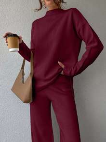 EURMUSE 2pcs Women Solid Color Stand Collar Long Sleeve Knit Sweater Top - Burgundy - View 5