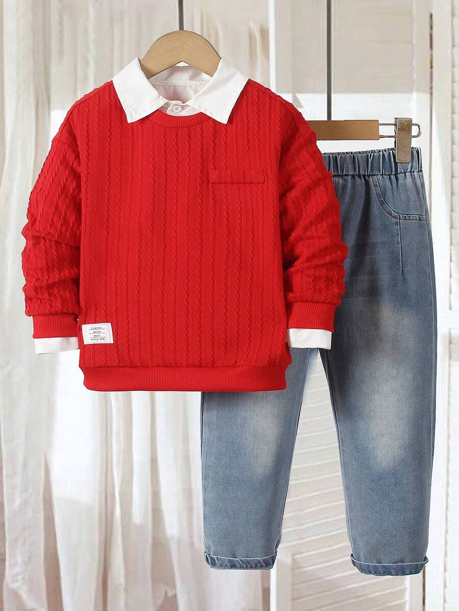 SHEIN Toddler Boys 2-Piece Set, Red Knit Jacquard Sweatshirt With Letter Decor And Denim Pants, Casual Outfit For Autumn/Winter, Suitable For Daily Wear, School, Travel, Back To School