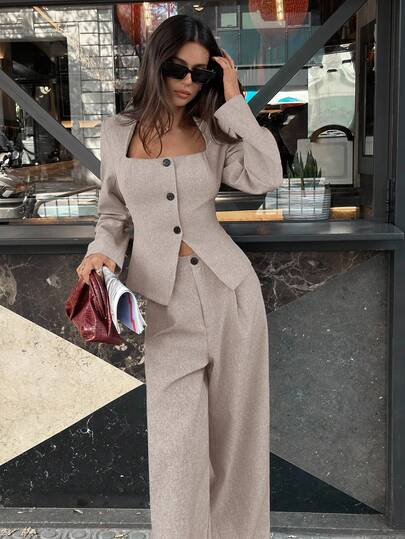 Aloruh 秋冬女士纯色简约日常长袖上衣和裤子套装