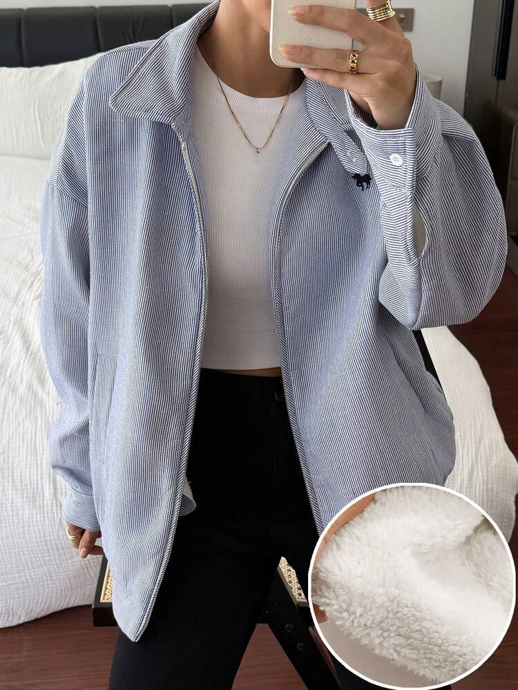 Women's Striped Embroidered Decor Thermal Lined Jacket, Autumn/Winter