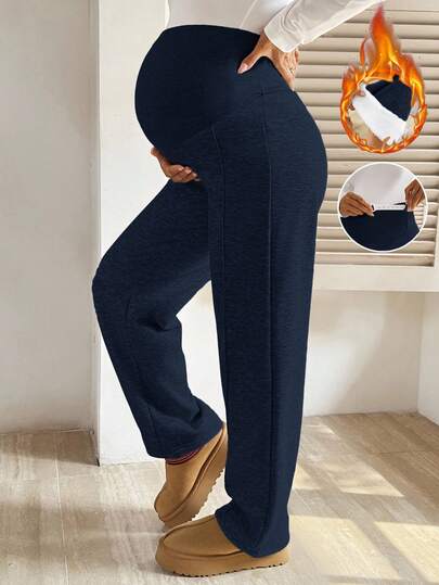 SHEIN Fall Clothes,Autumn Clothes,Maternity Autumn/Winter Clothes Maternity Maternity Pants With Thermal Lining, Adjustable Waist, Warm For Autumn/Winter Pregnancy Clothing Navy Blue Pants Maternity Clothes Pregnancy Pants