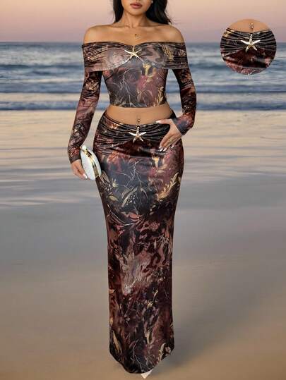 Chiquease 女式性感优雅金属扣拼布印花露肩修身长袖上衣和紧身半身裙 2 件套