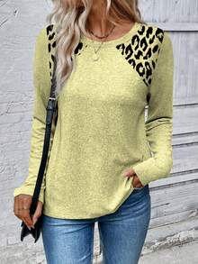 EMERY ROSE Autumn/Winter New Fashion Casual Basic Round Neck Long Sleeve Leopard Print Women T-Shirt - Yellow - View 3