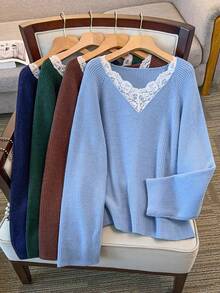 EMERY ROSE New Elegant Lace Trim V-Neck Soft & Versatile Plus Size Knit Sweater Top For Women Fall Winter Cloth For Women Autumn - Beige - View 1