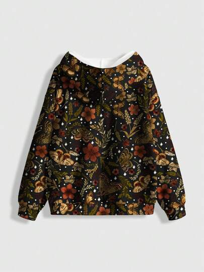 Fairycore sweat-shirt à capuche ample à imprimé floral, feuilles et papillons pour femmes, automne/hiver