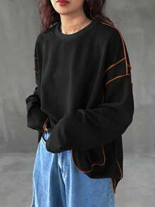 FRIFUL 女式撞色镶边圆领长袖T恤，适合秋冬季 - 黑色 - 查看 2