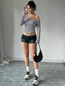 Lunelith SHEIN Lunessa Sexy Slim Asymmetric-Shoulder Women's Oblique Shoulder Long Sleeve Sweater