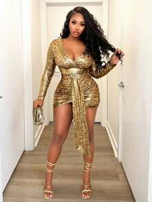 BamGleam 时尚性感豹纹金属紧身迷你连衣裙 - 彩色 - 查看 4