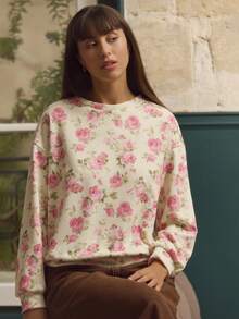 lacRébo بلوزة رياضية بيضاء كبيرة الحجم مع طباعة زهرية عتيقة ملابس نسائية للخريف، ملابس موسم الخريف