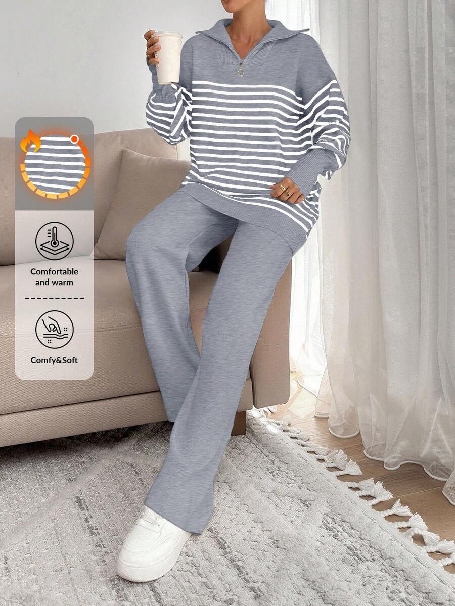 EURMUSE Women Stripe Pattern Zip Detailed Neck Drop Shoulder Pullover & Sweater Pants Set - Grey - View 1