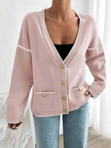 EURMUSE Women Solid Color Deep V-Neck Handmade Stitch Detailed Cardigan - Baby Pink - View 5