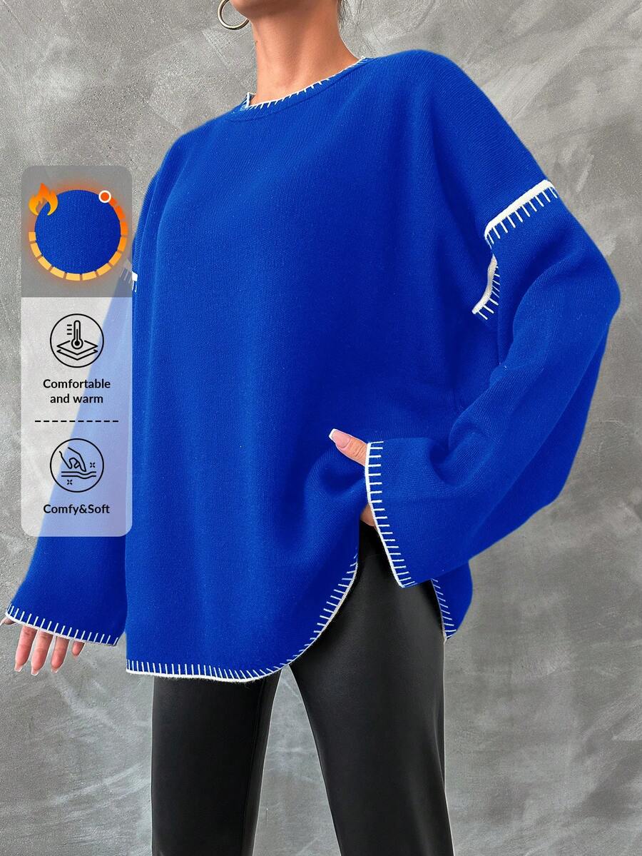 EURMUSE Women Casual Contrast Color Trim Dropped Shoulder Loose Sweater, Autumn/Winter - Biru - View 1