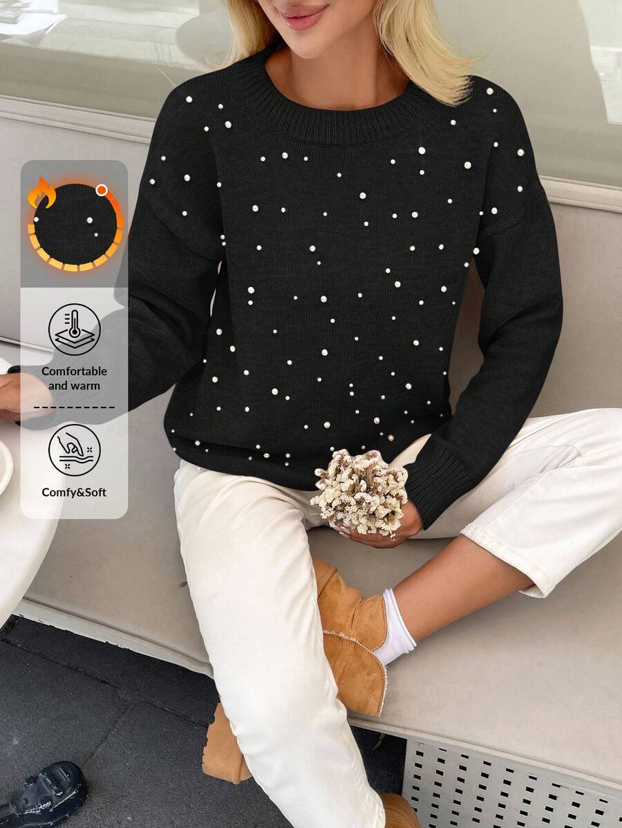 EURMUSE 女士珍珠细节圆领米色休闲优雅毛衣 - 黑色 - 查看 1