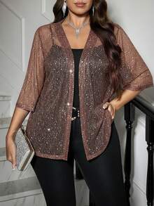 Clasi Abrigo de malla con estampado de talla grande para mujeres, de manga corta, para verano, primavera, festivales, fiestas, playa, vacaciones, bodas y eventos, graduación, - Champán - Ver 7