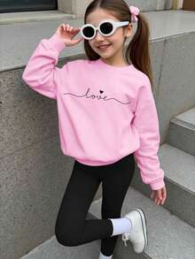 Ensemble 2 pièces pour jeunes filles, décontracté, chic et minimaliste, motif lettres d'amour et cœurs, col ras du cou, manches longues, sweat-shirt et leggings, automne/hiver, idéal pour les sorties quotidiennes et l'école.