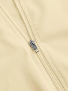 Slaydiva 女式休闲基本款拉链领 V 领长袖紧身弹力夹克上衣，秋冬 - 杏色 - 查看 2