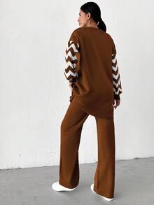 EURMUSE Women's Casual Long Sleeve Sweater Top And Pants 2 Pieces Set - Chocolate Brown - View 2