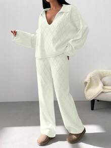 EURMUSE Woman Checkered Jacquard Polo Neck Two Pieces Sweater And Pants Co-Ords - White - View 7