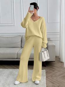 SHEIN Tall Tall Women V-Neck Oversize Sweater And Knit Pant Set - Beige - View 8