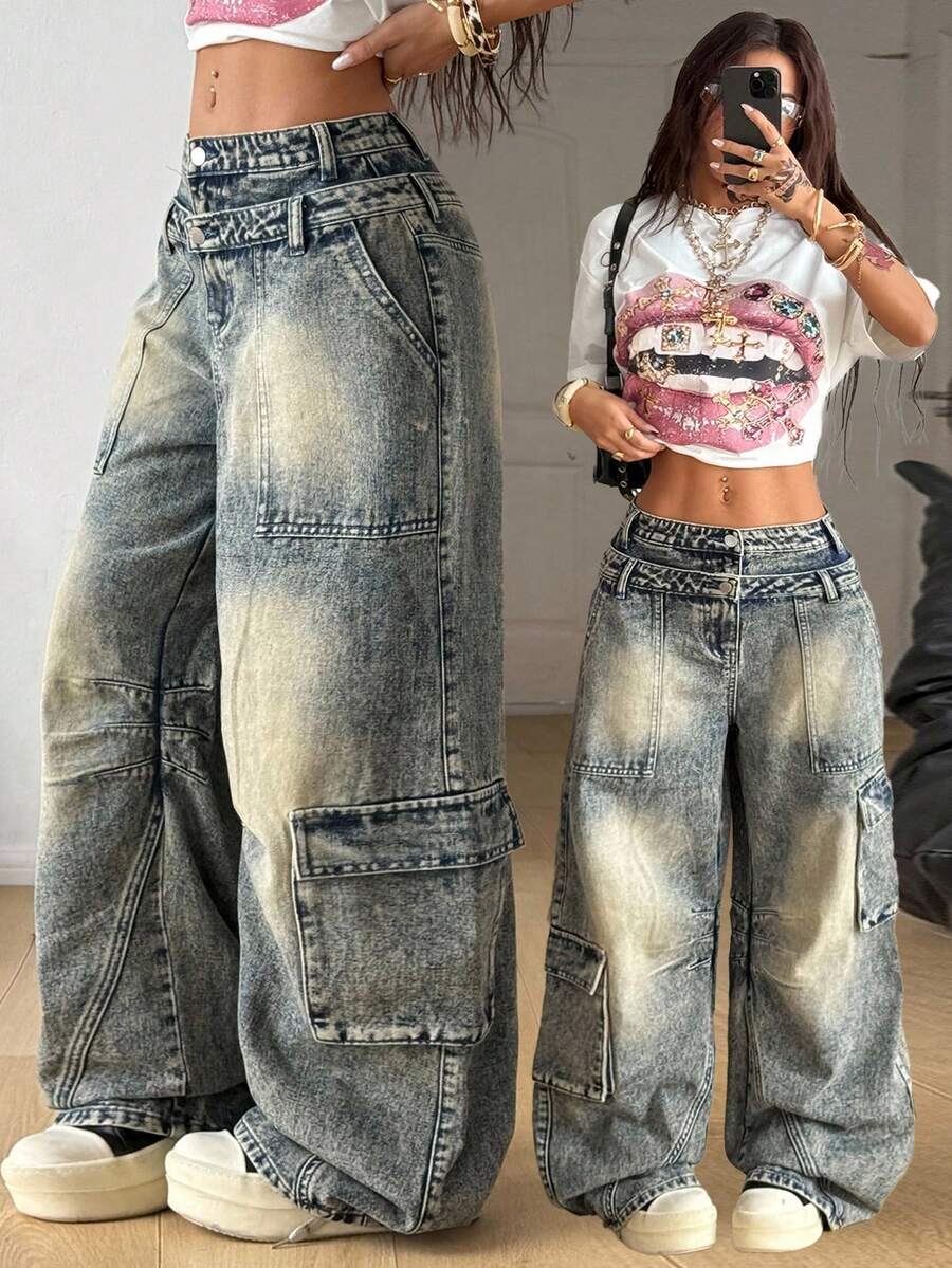 Coolane Women's Cargo Rapper Washed Grunge Jeans Y2k Oversized Jeans Old Money Baggy Jeans - Dark Wash - View 1