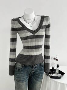 Elamini Suéter de punto ajustado con cuello en V, mangas largas y hombros regulares, a rayas, sexy y de moda para mujer