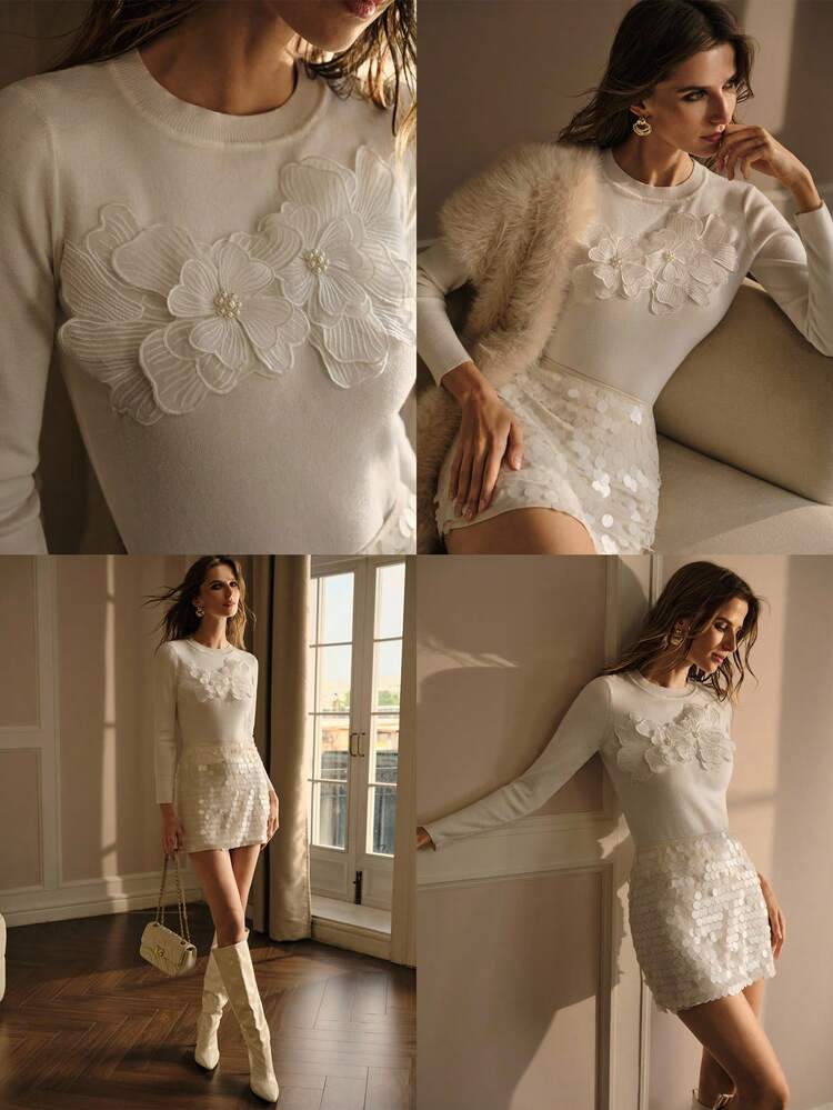 FLORAL EMBROIDERED APPLIQUES WHITE LONG SLEEVE WOMEN SWEATER