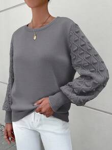 SHEIN Cottnline Women's Solid Color Lantern Sleeve Sweater - Light Grey - View 5
