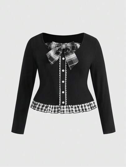 Kawaii Suéter de punto con cuello de lazo a cuadros blanco y negro estilo Kawaii Y2K, talla grande, Blusa de punto a cuadros de 2 en 1 elegante y femenina, talla grande, Camisa de mujer de talla grande para otoño/invierno, Blusa negra de 2 en 1 de talla grande para mujer
